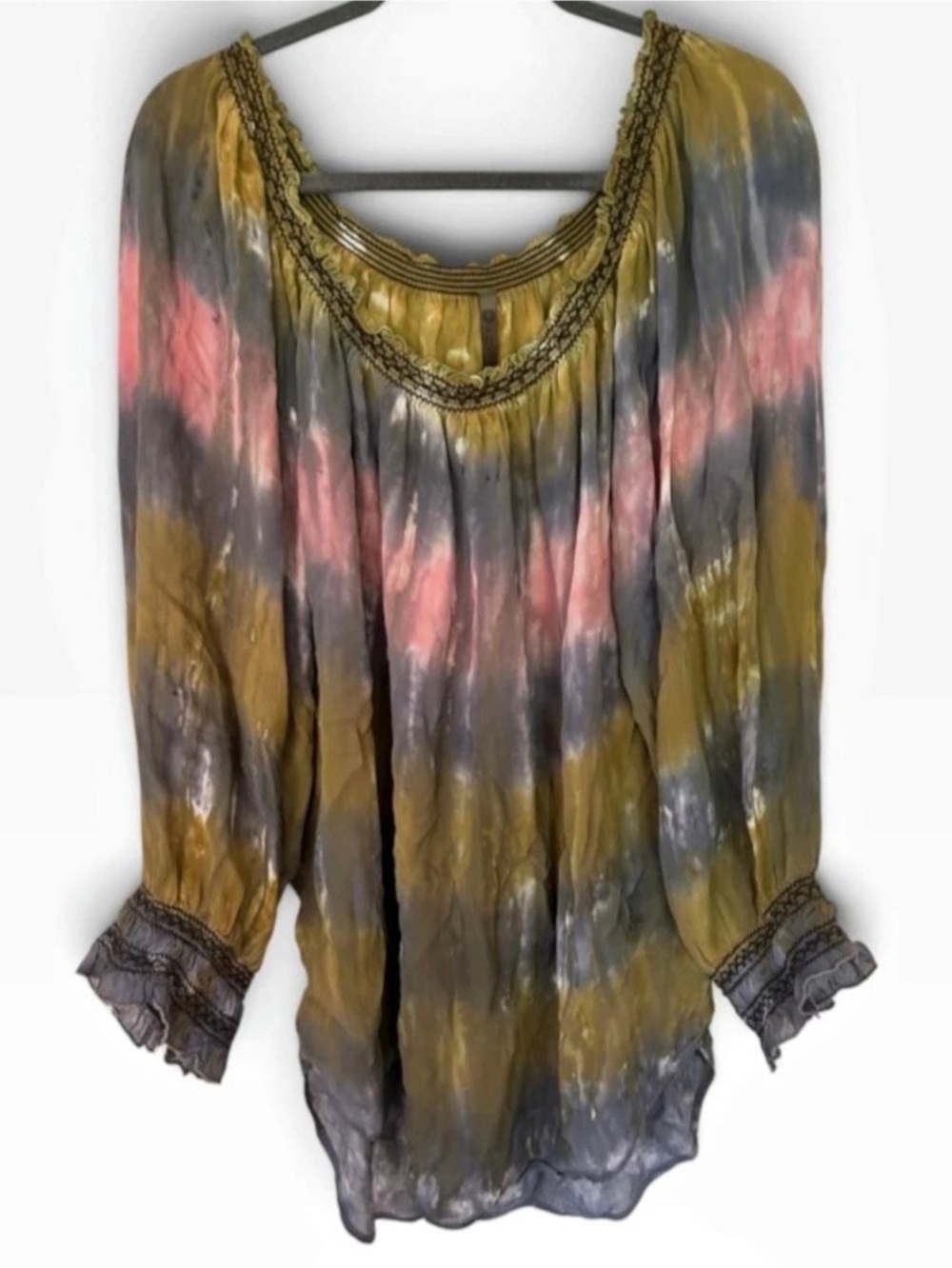 XCVI Tie Dye Blouse Silk Blend Smocked Scoop Neck Boho Tunic Top Earthy Large